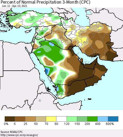 Middle East and Turkey Percent of Normal Precipitation 3-Month (CPC) Thematic Map For 1/11/2021 - 4/10/2021