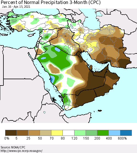 Middle East and Turkey Percent of Normal Precipitation 3-Month (CPC) Thematic Map For 1/16/2021 - 4/15/2021