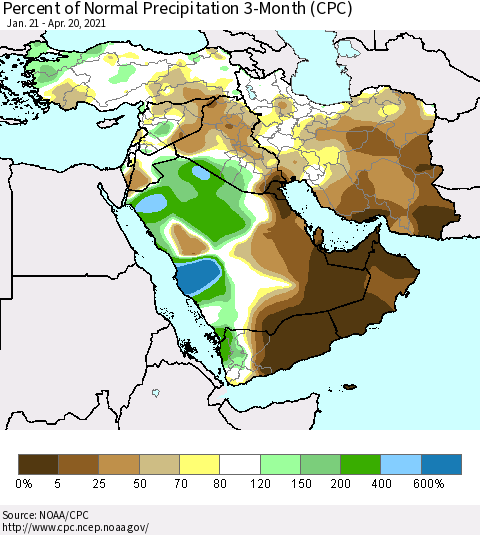 Middle East and Turkey Percent of Normal Precipitation 3-Month (CPC) Thematic Map For 1/21/2021 - 4/20/2021