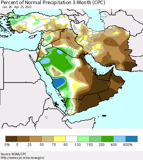 Middle East and Turkey Percent of Normal Precipitation 3-Month (CPC) Thematic Map For 1/26/2021 - 4/25/2021