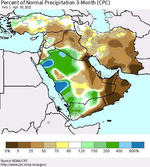 Middle East and Turkey Percent of Normal Precipitation 3-Month (CPC) Thematic Map For 2/1/2021 - 4/30/2021