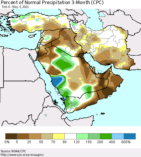 Middle East and Turkey Percent of Normal Precipitation 3-Month (CPC) Thematic Map For 2/6/2021 - 5/5/2021