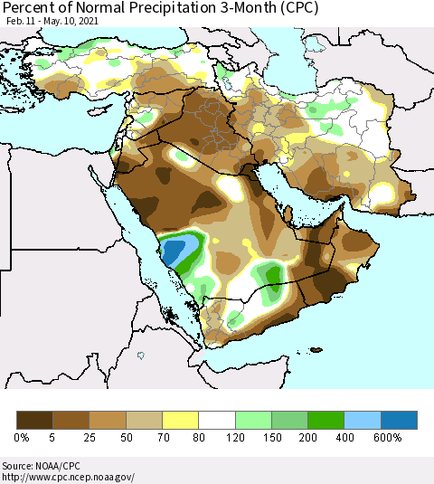 Middle East and Turkey Percent of Normal Precipitation 3-Month (CPC) Thematic Map For 2/11/2021 - 5/10/2021