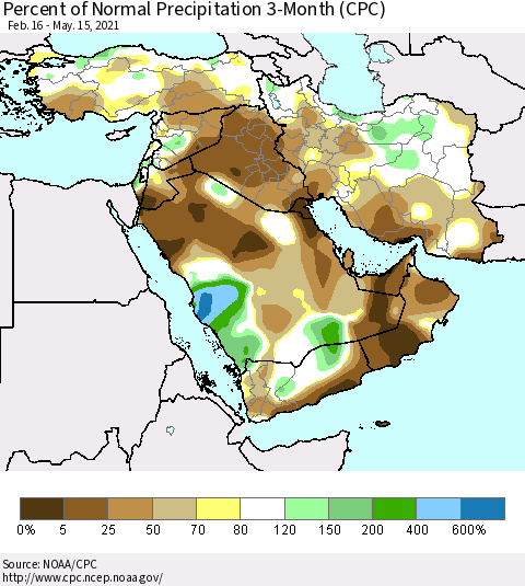 Middle East and Turkey Percent of Normal Precipitation 3-Month (CPC) Thematic Map For 2/16/2021 - 5/15/2021