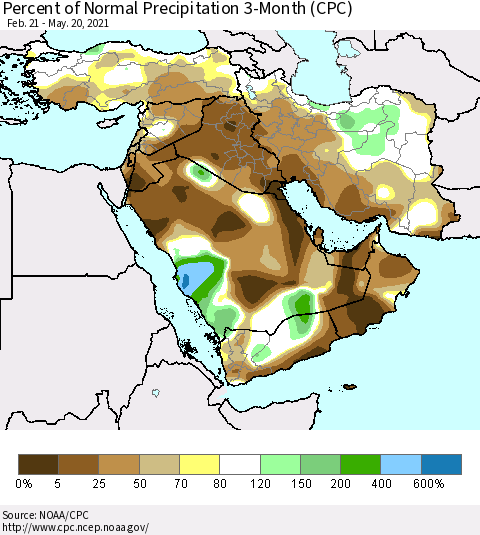 Middle East and Turkey Percent of Normal Precipitation 3-Month (CPC) Thematic Map For 2/21/2021 - 5/20/2021