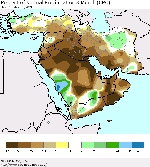 Middle East and Turkey Percent of Normal Precipitation 3-Month (CPC) Thematic Map For 3/1/2021 - 5/31/2021