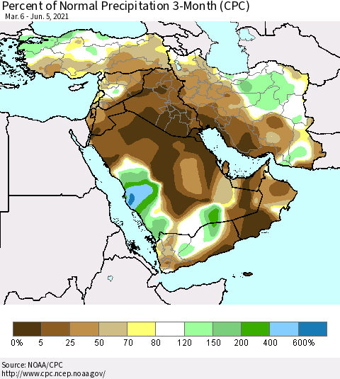 Middle East and Turkey Percent of Normal Precipitation 3-Month (CPC) Thematic Map For 3/6/2021 - 6/5/2021