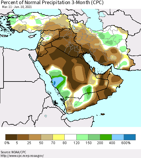 Middle East and Turkey Percent of Normal Precipitation 3-Month (CPC) Thematic Map For 3/11/2021 - 6/10/2021