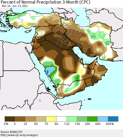 Middle East and Turkey Percent of Normal Precipitation 3-Month (CPC) Thematic Map For 3/16/2021 - 6/15/2021