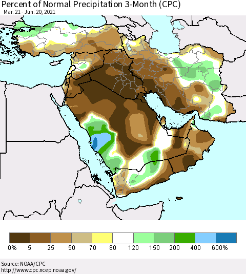 Middle East and Turkey Percent of Normal Precipitation 3-Month (CPC) Thematic Map For 3/21/2021 - 6/20/2021