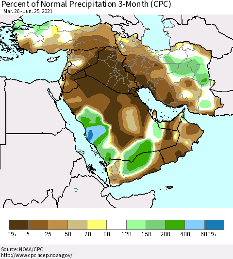 Middle East and Turkey Percent of Normal Precipitation 3-Month (CPC) Thematic Map For 3/26/2021 - 6/25/2021