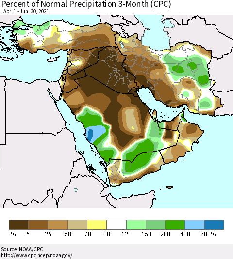 Middle East and Turkey Percent of Normal Precipitation 3-Month (CPC) Thematic Map For 4/1/2021 - 6/30/2021