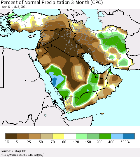 Middle East and Turkey Percent of Normal Precipitation 3-Month (CPC) Thematic Map For 4/6/2021 - 7/5/2021
