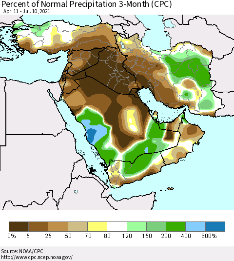 Middle East and Turkey Percent of Normal Precipitation 3-Month (CPC) Thematic Map For 4/11/2021 - 7/10/2021