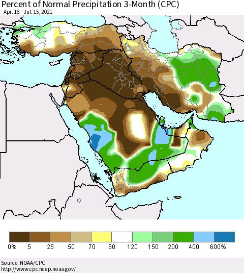 Middle East and Turkey Percent of Normal Precipitation 3-Month (CPC) Thematic Map For 4/16/2021 - 7/15/2021