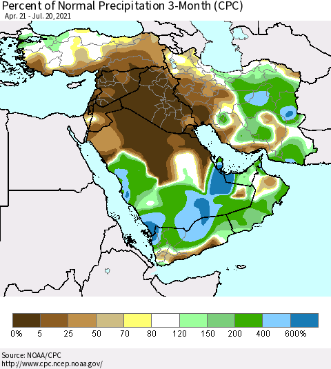 Middle East and Turkey Percent of Normal Precipitation 3-Month (CPC) Thematic Map For 4/21/2021 - 7/20/2021