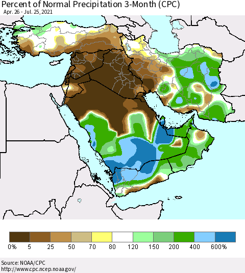 Middle East and Turkey Percent of Normal Precipitation 3-Month (CPC) Thematic Map For 4/26/2021 - 7/25/2021