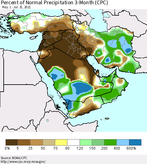Middle East and Turkey Percent of Normal Precipitation 3-Month (CPC) Thematic Map For 5/1/2021 - 7/31/2021