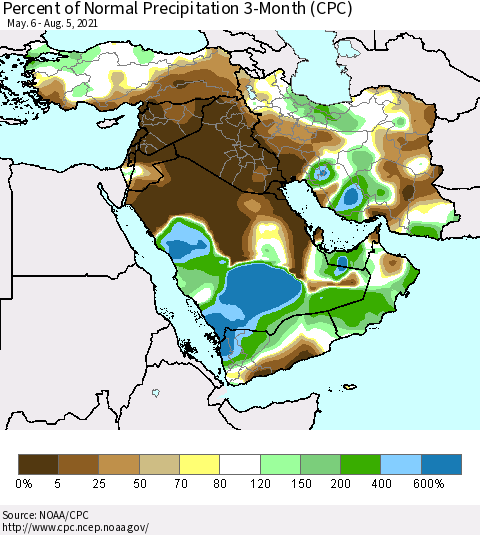 Middle East and Turkey Percent of Normal Precipitation 3-Month (CPC) Thematic Map For 5/6/2021 - 8/5/2021