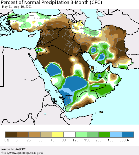 Middle East and Turkey Percent of Normal Precipitation 3-Month (CPC) Thematic Map For 5/11/2021 - 8/10/2021