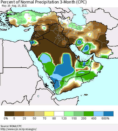 Middle East and Turkey Percent of Normal Precipitation 3-Month (CPC) Thematic Map For 5/16/2021 - 8/15/2021