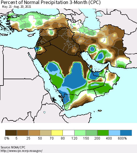 Middle East and Turkey Percent of Normal Precipitation 3-Month (CPC) Thematic Map For 5/21/2021 - 8/20/2021
