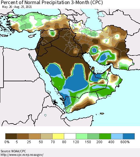 Middle East and Turkey Percent of Normal Precipitation 3-Month (CPC) Thematic Map For 5/26/2021 - 8/25/2021
