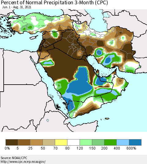 Middle East and Turkey Percent of Normal Precipitation 3-Month (CPC) Thematic Map For 6/1/2021 - 8/31/2021