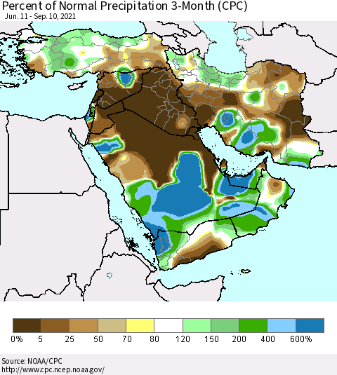 Middle East and Turkey Percent of Normal Precipitation 3-Month (CPC) Thematic Map For 6/11/2021 - 9/10/2021