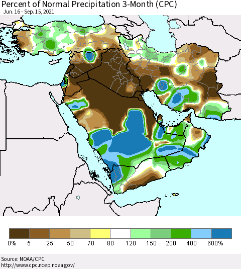 Middle East and Turkey Percent of Normal Precipitation 3-Month (CPC) Thematic Map For 6/16/2021 - 9/15/2021