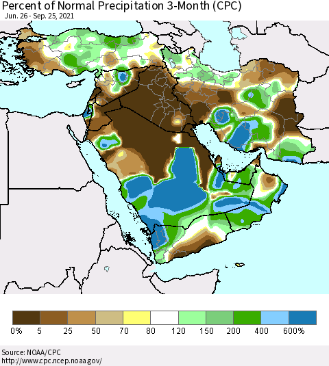 Middle East and Turkey Percent of Normal Precipitation 3-Month (CPC) Thematic Map For 6/26/2021 - 9/25/2021