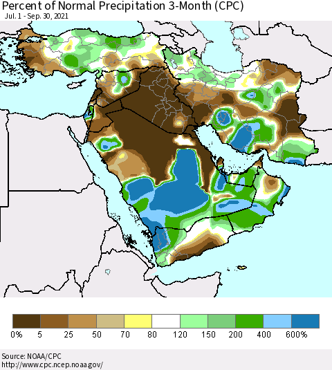 Middle East and Turkey Percent of Normal Precipitation 3-Month (CPC) Thematic Map For 7/1/2021 - 9/30/2021