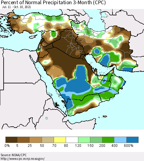 Middle East and Turkey Percent of Normal Precipitation 3-Month (CPC) Thematic Map For 7/11/2021 - 10/10/2021