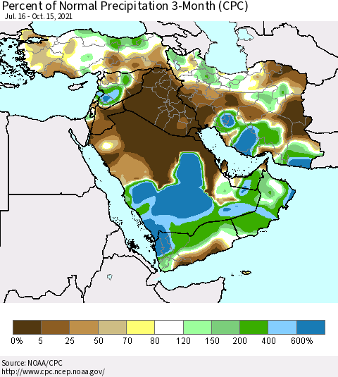 Middle East and Turkey Percent of Normal Precipitation 3-Month (CPC) Thematic Map For 7/16/2021 - 10/15/2021