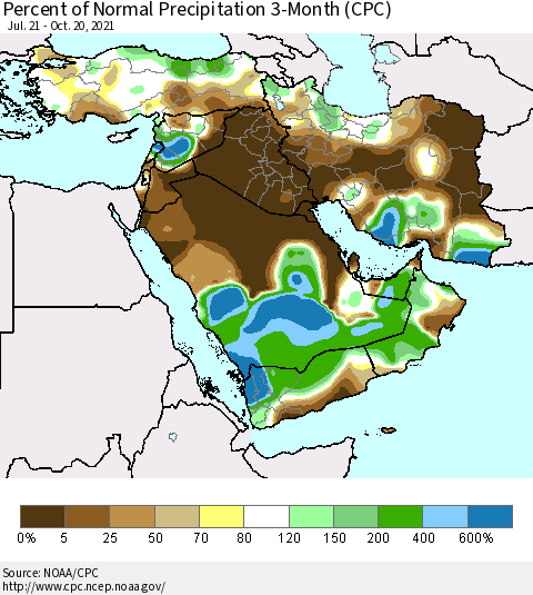 Middle East and Turkey Percent of Normal Precipitation 3-Month (CPC) Thematic Map For 7/21/2021 - 10/20/2021