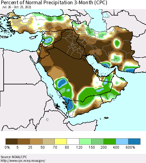 Middle East and Turkey Percent of Normal Precipitation 3-Month (CPC) Thematic Map For 7/26/2021 - 10/25/2021