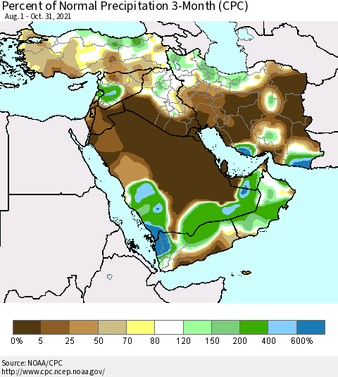 Middle East and Turkey Percent of Normal Precipitation 3-Month (CPC) Thematic Map For 8/1/2021 - 10/31/2021