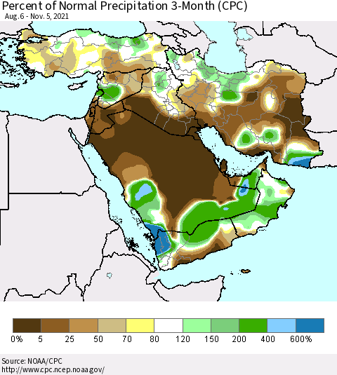 Middle East and Turkey Percent of Normal Precipitation 3-Month (CPC) Thematic Map For 8/6/2021 - 11/5/2021
