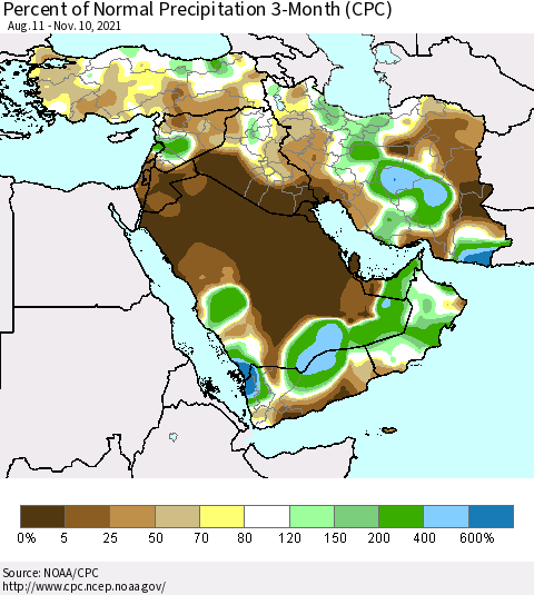 Middle East and Turkey Percent of Normal Precipitation 3-Month (CPC) Thematic Map For 8/11/2021 - 11/10/2021
