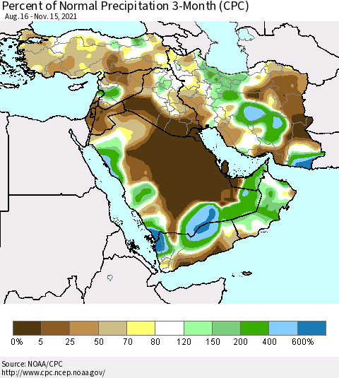 Middle East and Turkey Percent of Normal Precipitation 3-Month (CPC) Thematic Map For 8/16/2021 - 11/15/2021