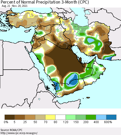 Middle East and Turkey Percent of Normal Precipitation 3-Month (CPC) Thematic Map For 8/21/2021 - 11/20/2021