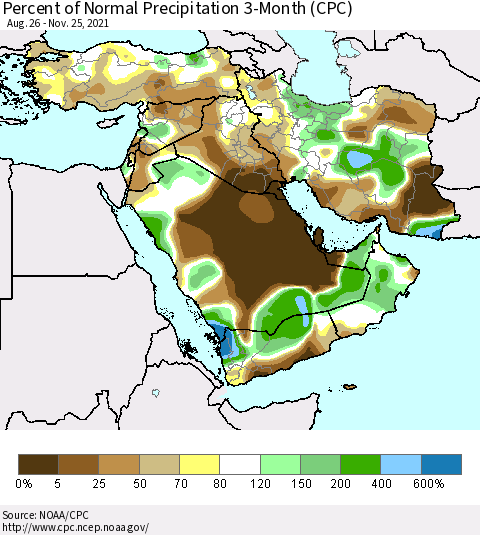 Middle East and Turkey Percent of Normal Precipitation 3-Month (CPC) Thematic Map For 8/26/2021 - 11/25/2021