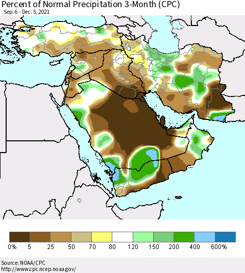 Middle East and Turkey Percent of Normal Precipitation 3-Month (CPC) Thematic Map For 9/6/2021 - 12/5/2021