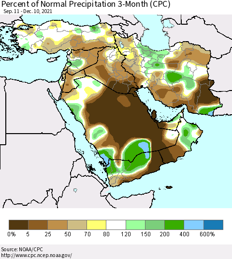 Middle East and Turkey Percent of Normal Precipitation 3-Month (CPC) Thematic Map For 9/11/2021 - 12/10/2021