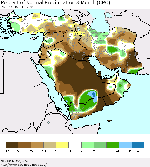 Middle East and Turkey Percent of Normal Precipitation 3-Month (CPC) Thematic Map For 9/16/2021 - 12/15/2021