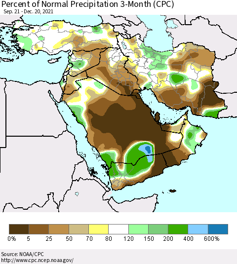 Middle East and Turkey Percent of Normal Precipitation 3-Month (CPC) Thematic Map For 9/21/2021 - 12/20/2021
