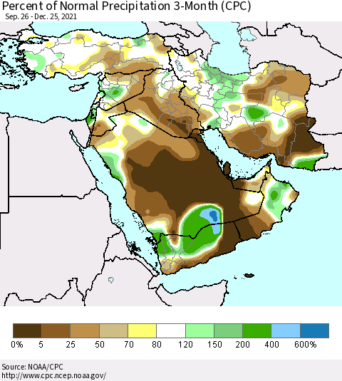 Middle East and Turkey Percent of Normal Precipitation 3-Month (CPC) Thematic Map For 9/26/2021 - 12/25/2021
