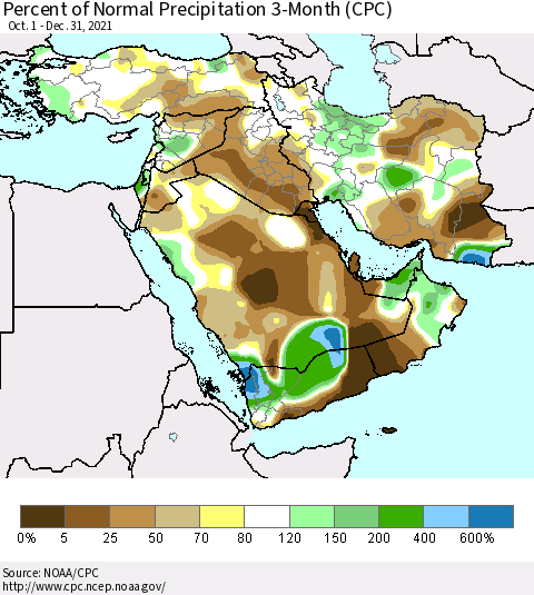 Middle East and Turkey Percent of Normal Precipitation 3-Month (CPC) Thematic Map For 10/1/2021 - 12/31/2021