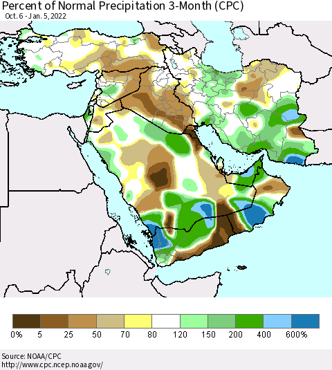 Middle East and Turkey Percent of Normal Precipitation 3-Month (CPC) Thematic Map For 10/6/2021 - 1/5/2022