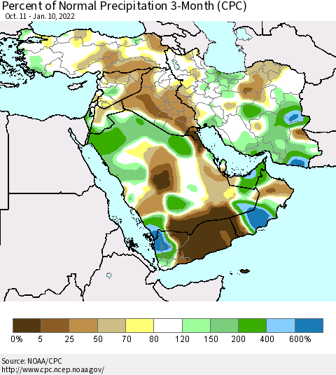 Middle East and Turkey Percent of Normal Precipitation 3-Month (CPC) Thematic Map For 10/11/2021 - 1/10/2022